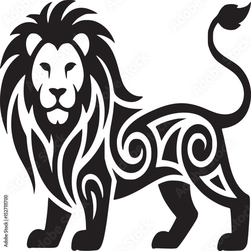 Illustration of a black lion with decorative swirls on its body standing on a white background