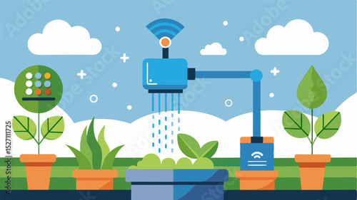 A smart irrigation system that utilizes soil and moisture sensors to precisely water aquaponic gardens maximizing plant growth and conserving water.. Vector illustration