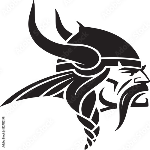 A black and white graphic illustration of a viking head with horned helmet and braided beard design