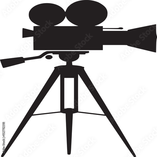 A silhouette of a vintage film camera with two lenses on a tripod against a light background