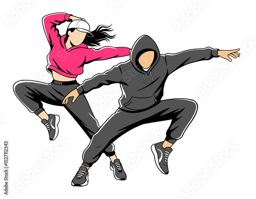 Urban Street Dance Duo Performing Dynamic Hip Hop Moves in Stylish Sportswear with Hoodie and Cap Isolated on Transparent Background