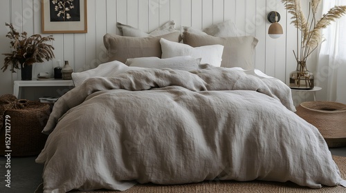 A light taupe linen duvet cover on a bed. photo
