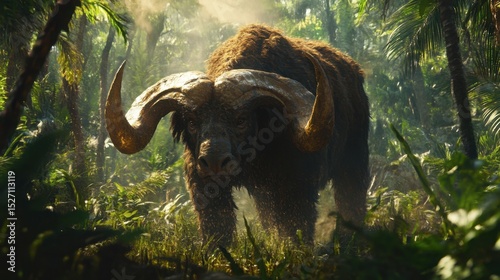 Majestic Creature with Large Curved Horns in Lush Forest Setting
