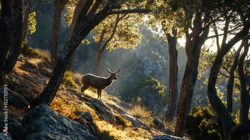 Majestic Stag Standing Among Trees in Sunlit Forest Landscape