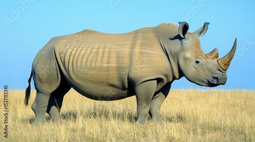 Majestic Rhinoceros Standing in Open Grassland Under Clear Sky