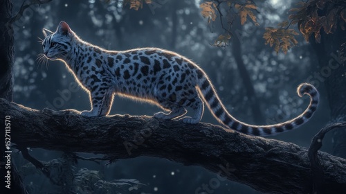 Majestic Spotted Cat Walking Gracefully on Tree Branch at Night