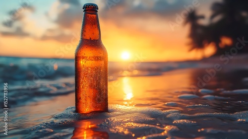 A cold beer bottle sits on a sandy beach, bathed in the warm glow of a sunset.