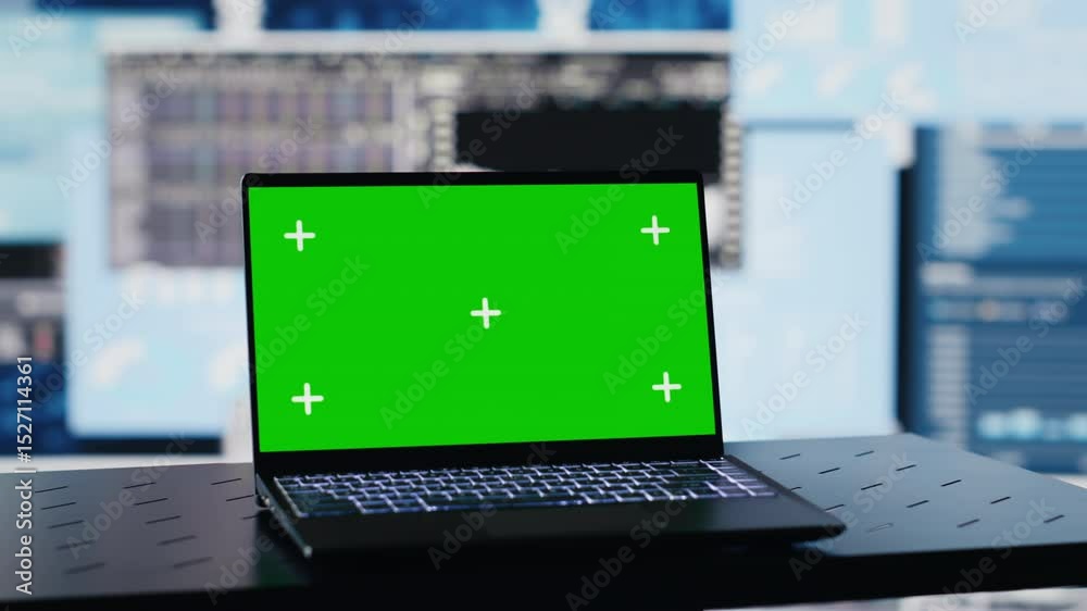 Empty business space has a laptop screen with chroma key, showcasing infographics and reports for effective decision making and strategy planning. Artificial intelligence brain. Camera A.