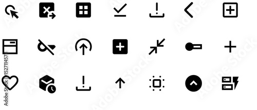 Flat vector icons for design tools: up/down arrows for line weight, checkmark, plus sign, and 'V' arrows for settings, black on white, high-res SVG, sharp edges.