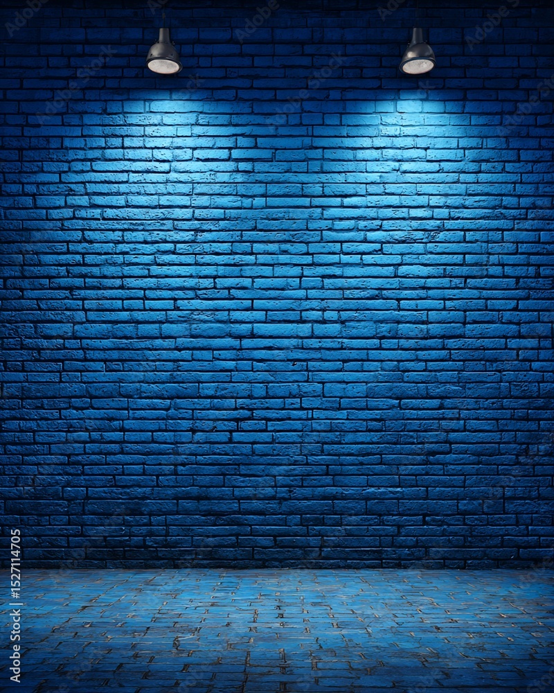 Fototapeta premium Blue Brick Wall with Spotlights and Floor