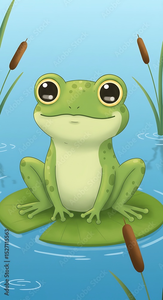 Fototapeta premium Adorable Cartoon Frog Sitting on a Lily Pad in a Pond