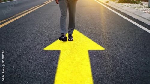 Onwards and Upwards, Path to Success, Man Walking on Arrow, Career Growth and Success. Businessman walking on the road