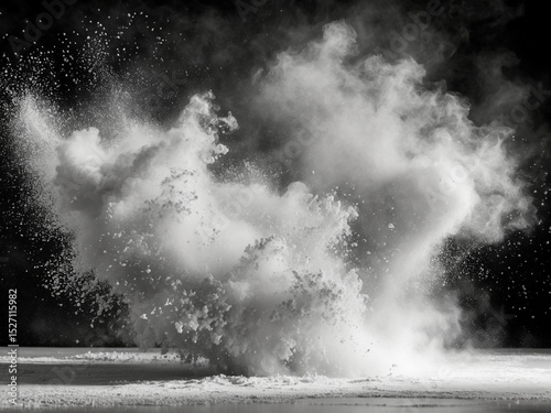 Dynamic black and white photograph of a white powder explosion, creating a dramatic cloud and scattering particles on a dark background.