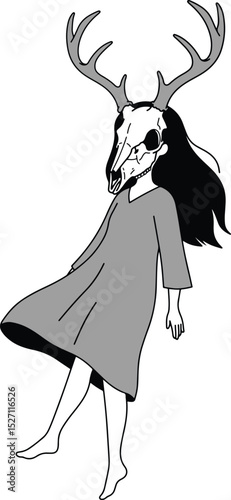 Girl with Deer Skull Illustration