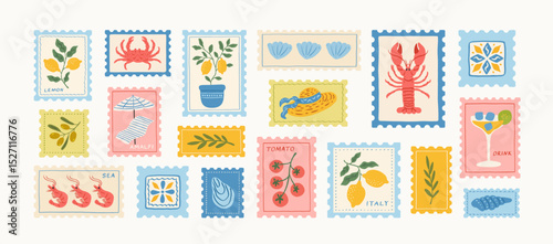 Set of italian summer mediterranean postage stamps. Vacation in Italy. Amalfi. Hand drawn lobster, lemons, tomato, seashell, cocktail, shrimp, crab, tile, beach umbrella. Vector trendy illustration.