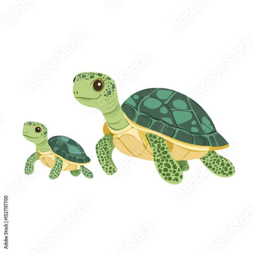 A Mother Turtle With Her Kid illustration vector 2D flat, isolated on a white background.