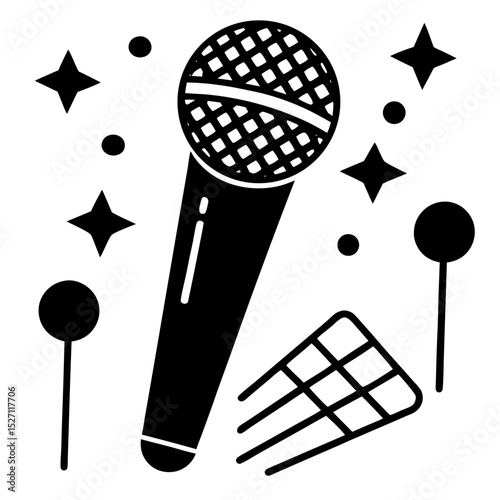 Black and white microphone illustration with stars
