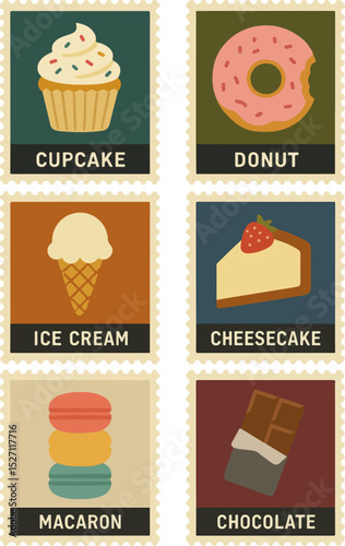 Six dessert-themed stamps with cupcake, donut, ice cream, cheesecake, macarons, and chocolate bar