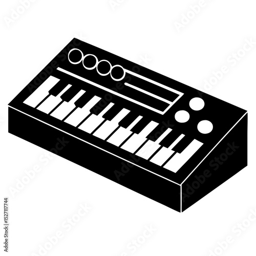 Black and white isometric synth keyboard illustration