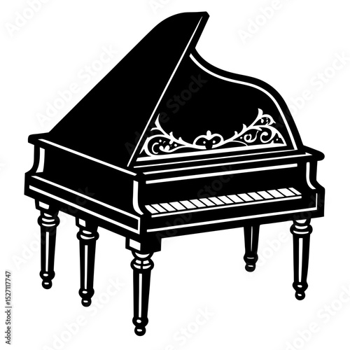 Ornate black and white grand piano illustration