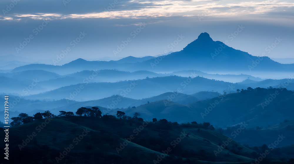Naklejka premium The mountains are covered in trees and the sky is a deep blue