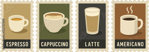 Four coffee drink illustrations in a grid with espresso, cappuccino, latte, and Americano