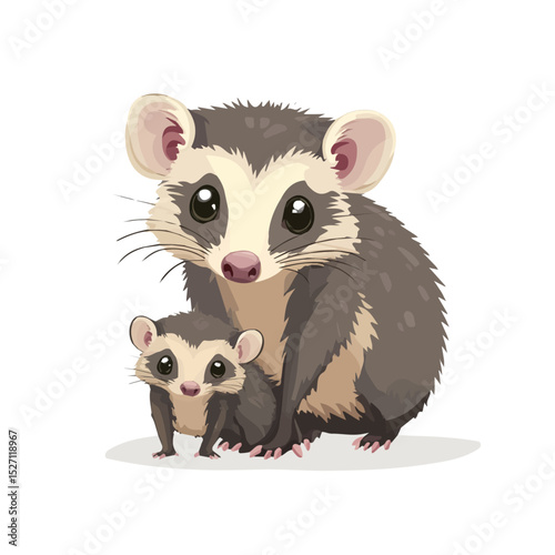 A Mother Opossum With Her Kid illustration vector 2D flat, isolated on a white background.