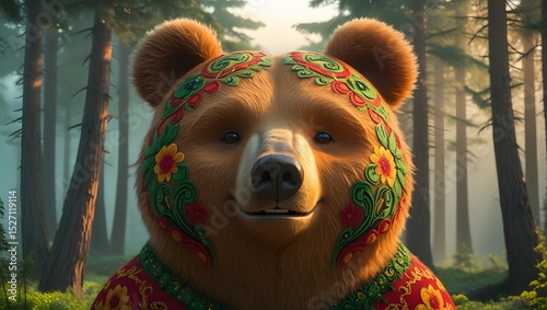 Fantasy Bear in Patterned Robe Standing in Enchanted Forest