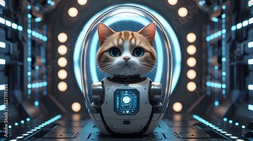 Sci-Fi Mech Cat with Glowing Eyes in High-Tech Display Capsule