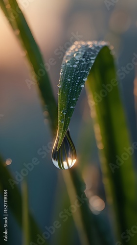Morning Dew on Green Leaf at Sunrise