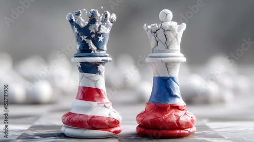 Cracked Chess Queens with American and Russian Flag Colors