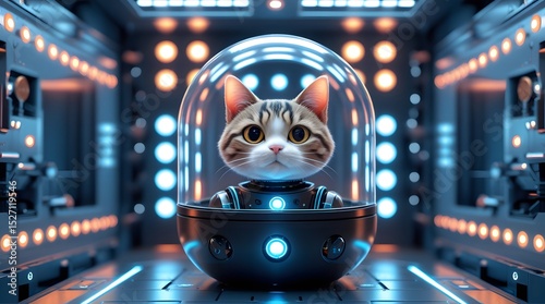Sci-Fi Mech Cat with Glowing Eyes in High-Tech Display Capsule