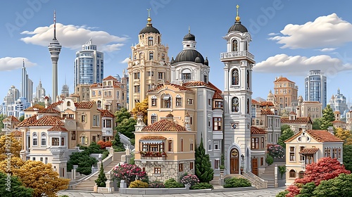 Ornate architectural skyline of majestic city high resolution image photo