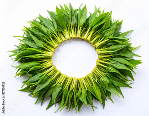 AI generated vibrant image of crisp water morning glory (phak bung) arranged in lush circular formation, showcasing its fresh-picked quality against clean white background