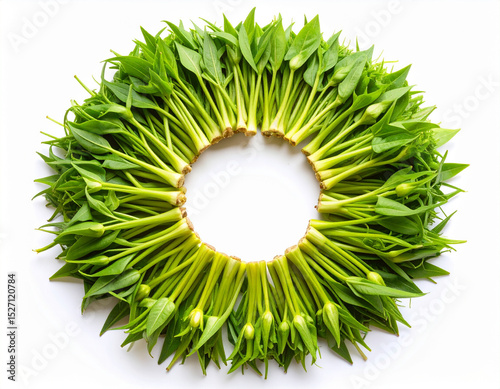 AI generated vibrant image of crisp water morning glory (phak bung) arranged in lush circular formation, showcasing its fresh-picked quality against clean white background