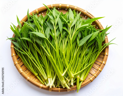 AI generated vibrant image of crisp water morning glory (phak bung) arranged in lush circular formation, showcasing its fresh-picked quality against clean white background
