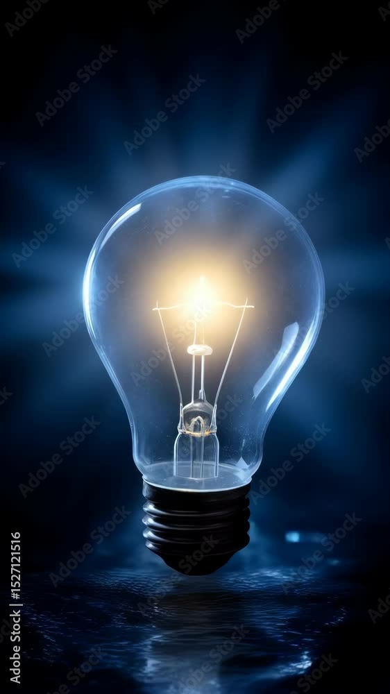 Illuminated lightbulb emitting radiant glow in the dark, close-up shot with reflective surface and blue background, symbolizing bright idea. Illuminated lightbulb emitting radiant glow in the dark, close-up shot with reflective surface and blue background, symbolizing bright idea.