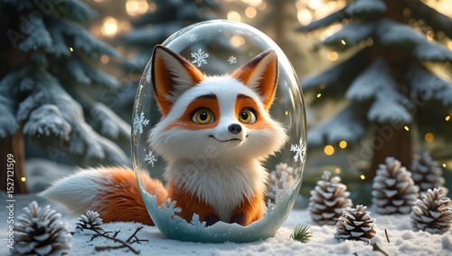 Enchanted Snow Globe Concept Featuring Cute Fox and Glowing Pines