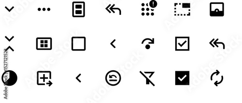 Black and white vector icons for mobile apps, featuring brushes, tools, arrows for direction, plus sign, exclamation mark, and edit checkmark on white background.