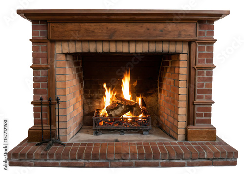 Cozy brick fireplace with burning wood ai generated isolated on a white background