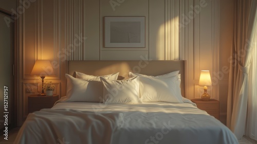 Wallpaper Mural Sunlit bedroom interior with a large bed, white linens, and bedside tables with lamps. Torontodigital.ca