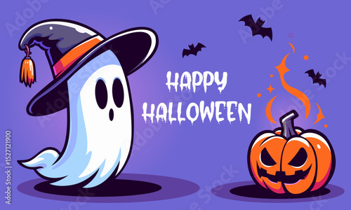 Pumpkin Festival banner. Halloween Poster Background. Ghost Character. Halloween holiday spooky party banner. Ghost in witches hat. Festive flyer, poster or banner. Happy Halloween Vector illustration