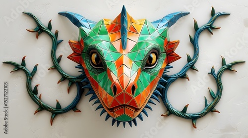 Colorful Reptilian Beast with Orange Horns and Thorny Texture
