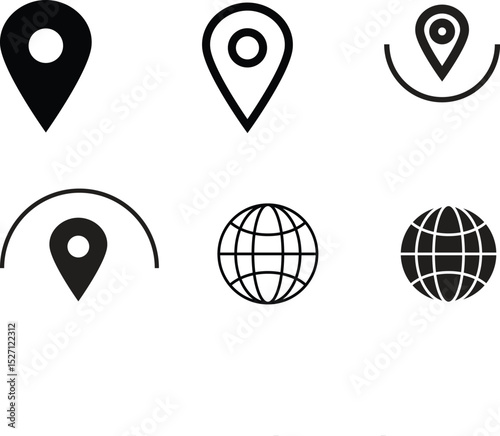 High Quality GPS Map Pin Icons Set with Location Markers and Globe Symbols for Navigation Design