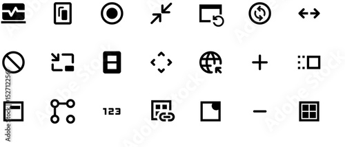 Graphic design software icons set with shapes, paintbrushes, arrow, camera/video plus sign, mobile devices, and code symbols in black vector style on white background.