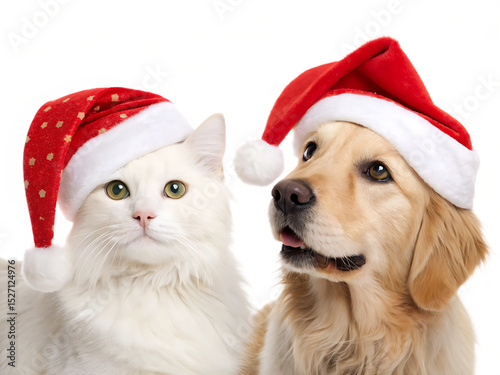 Festive cat and dog in santa hats isolated on a white background