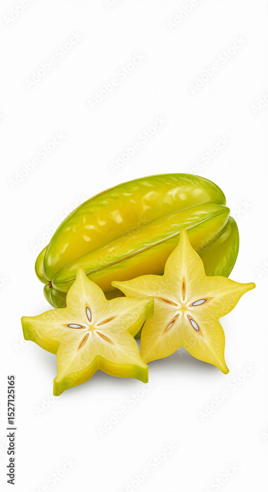 Fototapeta premium Carambola fresca inteira e fatiada, Star Fruit isolada no fundo branco