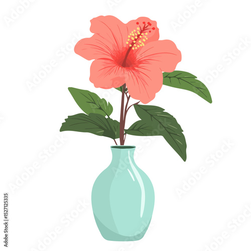 A Hibiscus In A Vase vector 2D flat illustration, isolated on a white background.