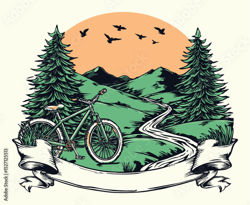 Scenic Bicycle Adventure with Trees and Mountains in Illustrative Style