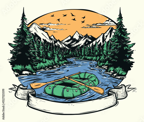 Scenic Adventure Illustration of Rafting in Nature with Mountains and Trees